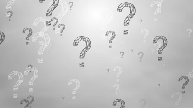 Chaotic falling icons of question marks on a gray background. Hand drawn symbols. Looped animation.