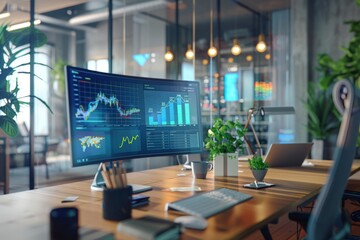 Sophisticated office environment with transparent screen showing swot analysis