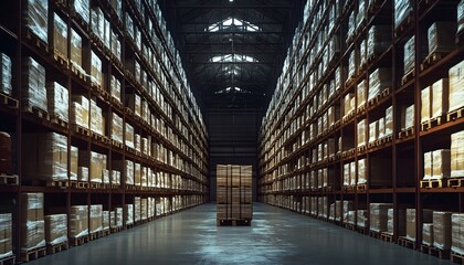Fototapeta premium A spacious warehouse filled with organized shelves of packed goods. Ideal for inventory management and logistics visualizations.