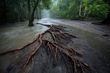 Fototapeta premium Tree roots on the riverbank extend into the water, showcasing a natural connection between the land and water, and highlighting the resilience of forest life.