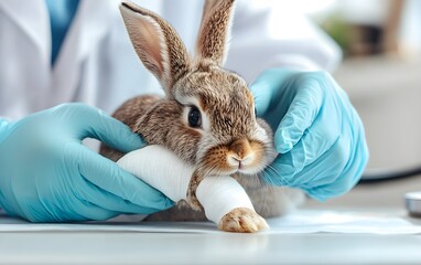 A veterinarian treats a rabbit with a bandaged paw in a professional clinic setting, showcasing...