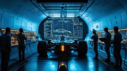 Team of automotive engineers monitoring race car in wind tunnel