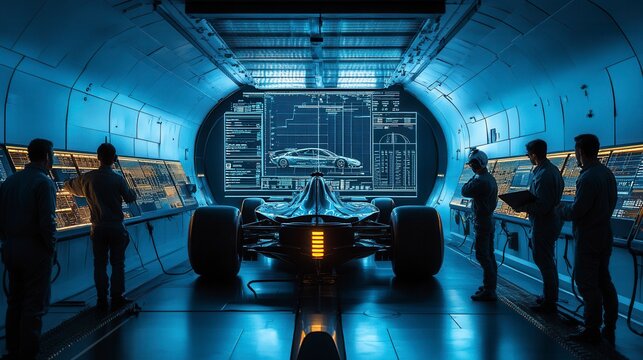 Team of automotive engineers monitoring race car in wind tunnel