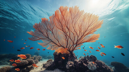 A large, delicate sea fan coral standing tall in the shallow ocean, its branches spreading out like a web while colorful reef fish dart in and out of its structure  