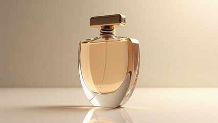 Perfume bottle with a reflective gold finish. The bottle has a smooth, curved shape with clean lines, giving it a sophisticated look. The cap is rectangular and matches the bottle’s gold color, adding