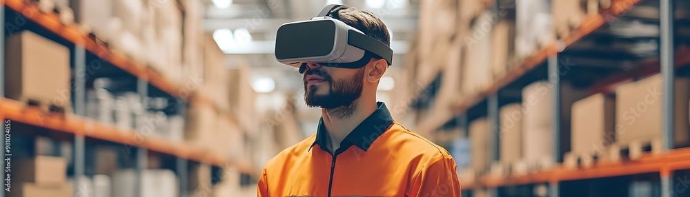 Poster a worker in an industrial setting using a virtual reality headset, surrounded by shelves of boxes in