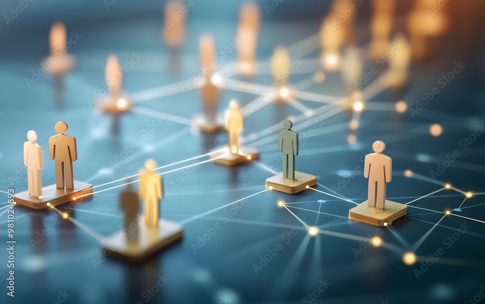 Poster abstract representation of connectivity and networking using figurines and glowing lines, symbolizin