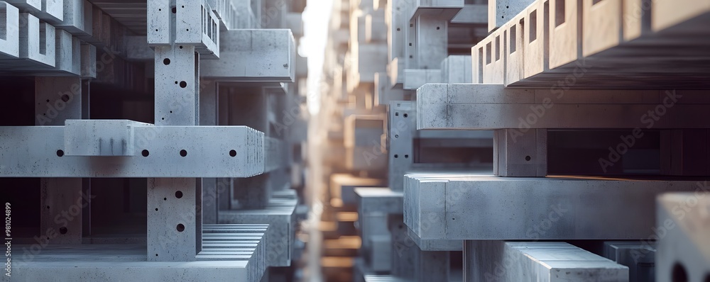 Poster abstract view of metallic structures with a depth of field effect, showcasing industrial design and 