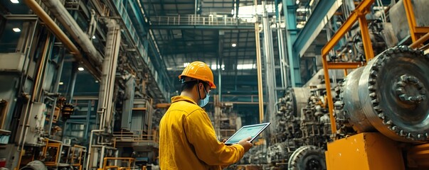 Fototapeta premium A worker in a safety helmet uses a tablet to monitor operations in a modern industrial facility filled with machinery.