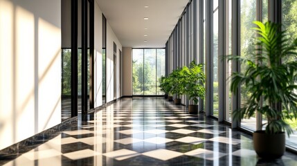 Obraz premium Spacious modern hallway with large windows and natural light, featuring potted plants and a checkered floor pattern.