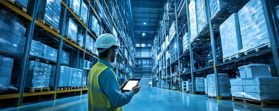A warehouse worker using a tablet to manage inventory, showcasing modern technology in logistics and efficient storage solutions. - Powered by Adobe