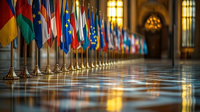 A row of international flags adorned with golden stands in a grand hall.