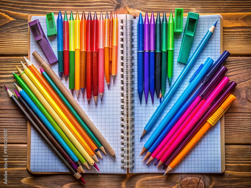 Poster vibrant pens in assorted colors lay alongside a notebook and precision geometry set, evoking creativ