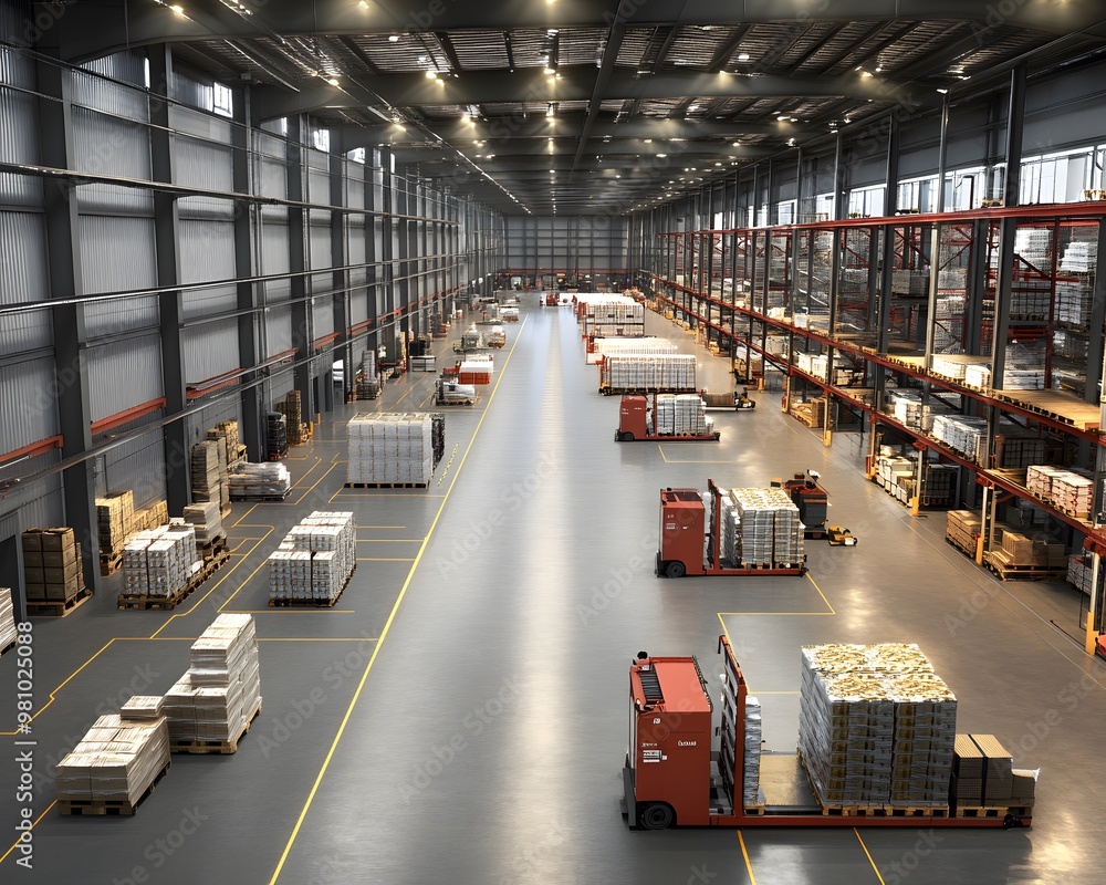 Poster aerial view of a busy warehouse with organized pallets and machinery working efficiently in a modern