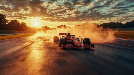 Fototapeta premium Formula 1 car speeding on a racetrack at sunset leaving smoke behind