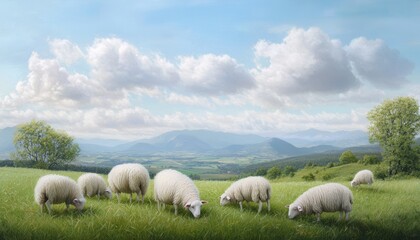 A tranquil rural landscape with sheep grazing leisurely in a verdant field, their wool almost indistinguishable from the soft grass.