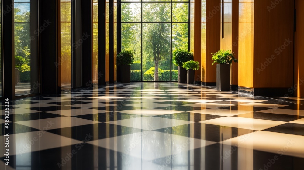 Poster spacious modern lobby with glossy checkered floor and large windows offering a view of a lush garden