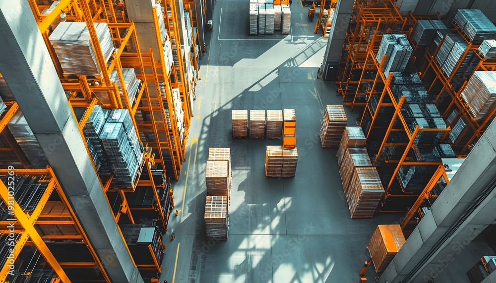 Poster aerial view of a modern warehouse filled with organized shelving and stacked boxes, showcasing effic