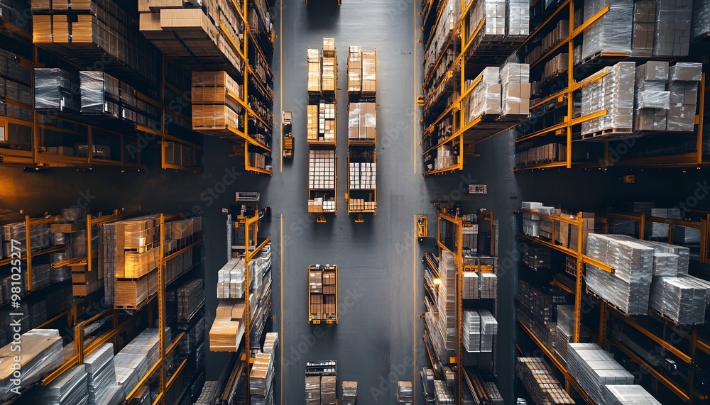 Poster aerial view of a modern warehouse filled with rows of shelves and neatly stacked boxes, showcasing o