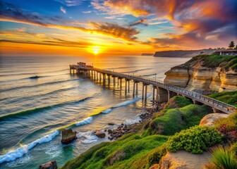 Obraz premium Sunset casts a warm glow on the iconic research pier extending into the Pacific Ocean, surrounded by rocky