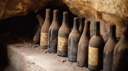 Old Wine Bottles: A selective focus on vintage wine bottles in a dusty cave setting