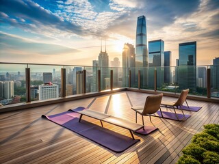 Fototapeta premium Serene rooftop setting with yoga mats, backrest, and cityscape view, awaiting two partners to practice their yoga poses and connect in a peaceful atmosphere.