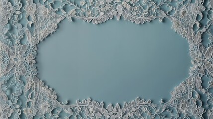 An intricate lace frame with floral patterns on a soft blue background. The white lace adds an elegant touch, perfect for invitations, announcements, or decorative designs.