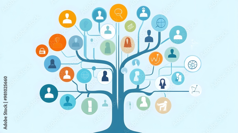 Wall mural an infographic representation of a social network tree, showcasing various profiles, connections, an