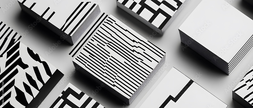 Poster artistic black and white geometric patterns on various blocks creating a modern and sophisticated vi