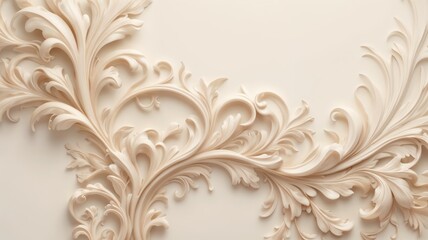 Cream-colored swirling floral designs stretch across a soft, light background, showcasing elegant, flowing details in a symmetrical arrangement.