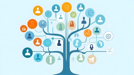 An infographic representation of a social network tree, showcasing various profiles, connections, and information nodes.
