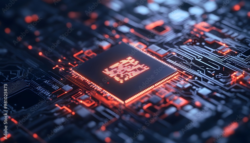 Poster close-up of a modern computer chip on a circuit board with glowing orange lines, highlighting techno