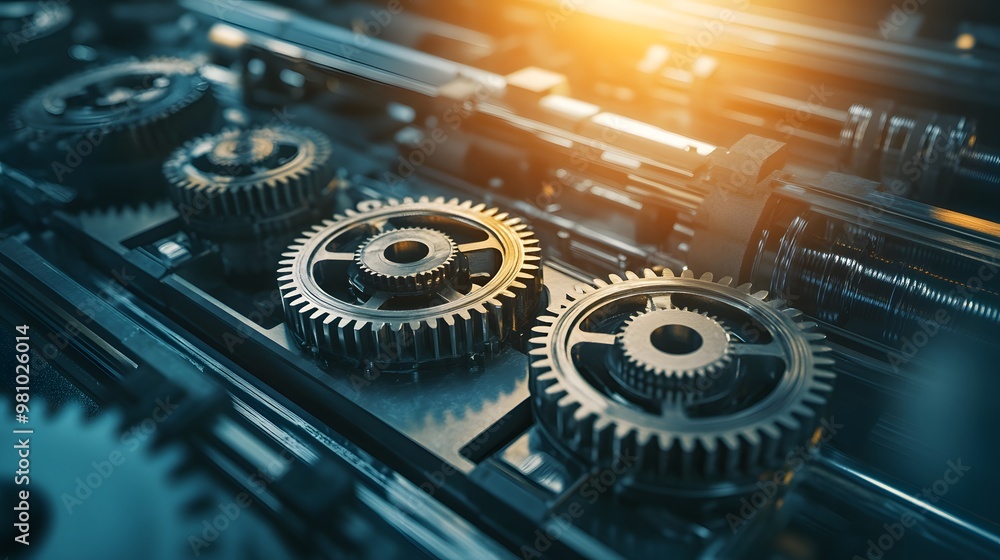 Poster close-up view of metallic gears in a complex machine, showcasing precision engineering and intricate