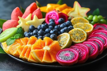 vibrant tropical fruit platter featuring sliced dragon fruit passion fruit and star fruit arranged artistically on a bamboo leaf exotic colors pop against a dark background