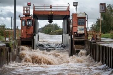 A stormy day with a floodgate mechanism actively managing a significant water flow, highlighting the engineering prowess and dedication to managing water in critical conditions.