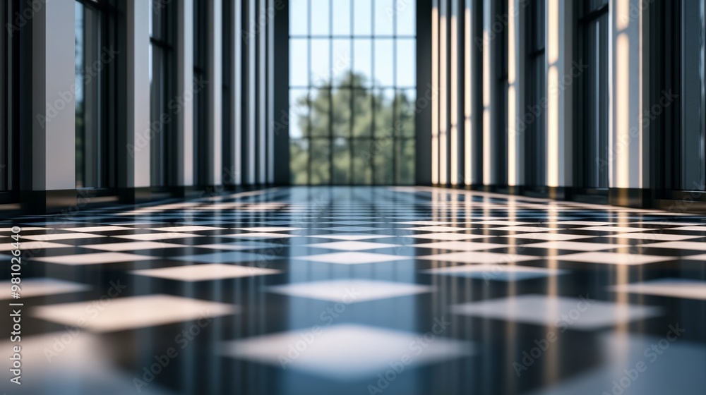 Poster sunlit hallway with reflective checkered floor and large windows, creating a modern architectural de