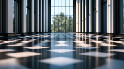 Obraz premium Sunlit hallway with reflective checkered floor and large windows, creating a modern architectural design and open, inviting space.