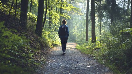 A person slowly walking along a forest path, each step taken with full awareness, connecting deeply with the surrounding nature.