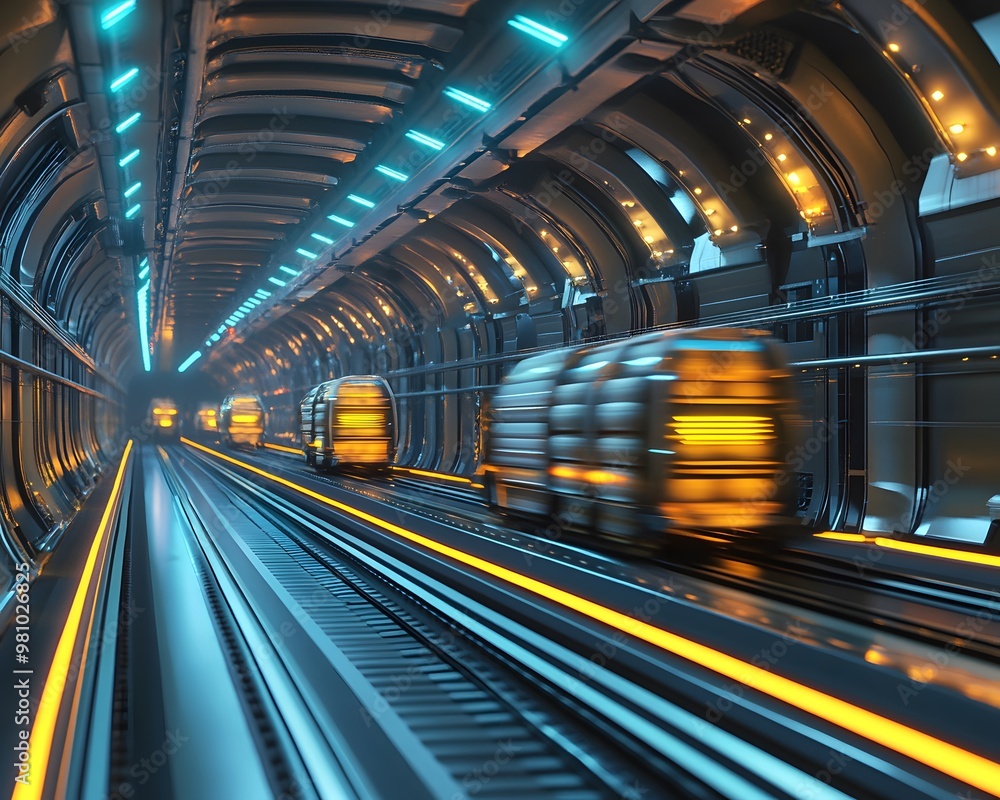 Poster futuristic tunnel with glowing lights and moving cargo, creating a dynamic and modern transportation