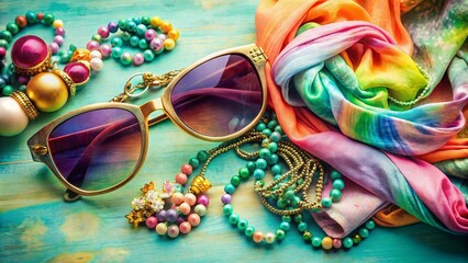 Vibrant fashion accessories like trendy sunglasses, colorful scarves, and sparkling jewelry artfully arranged on a soft pastel background, showcasing endless styling possibilities.