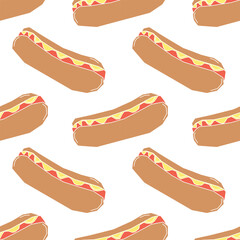 Seamless hot dog pattern. fast food background. Drawn food pattern