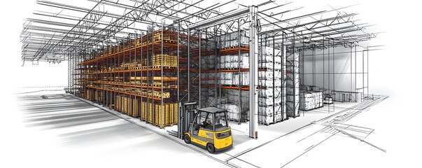 Illustration of a modern warehouse layout with shelves and a forklift, showcasing efficient storage and logistics design.