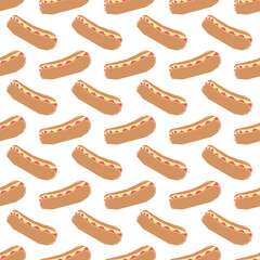 Seamless hot dog pattern. fast food background. Drawn food pattern