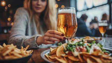 Young woman enjoying beer with nachos in a cozy restaurant setting.