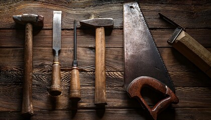 A set of vintage woodworking tools—hand saw, chisel, and hammer—arranged neatly on a worn, rustic wooden table.
