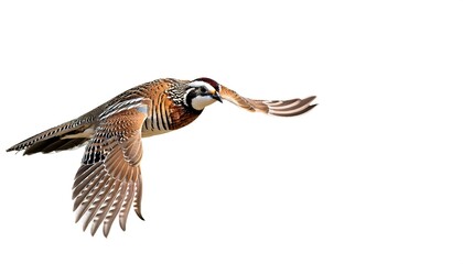 male northern bobwhite quail - Colinus virginianus - flying in flight with wings open and extended isolated cutout on white background with copy space