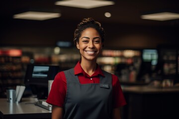 Portrait of a young female black cashier at supermarket