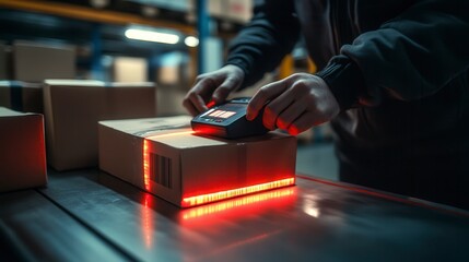 Warehouse worker scanning barcodes on packages for inventory tracking and shipment processing
