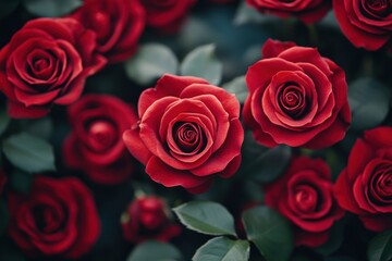 Obraz premium A stunning close-up of vibrant red roses, showcasing their lush petals and striking beauty against a muted background.