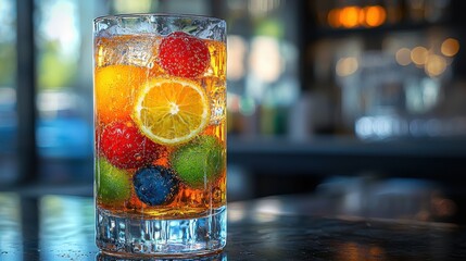 Refreshing drink with colorful fruit garnishes served in a clear glass during a sunny afternoon at a lively bar